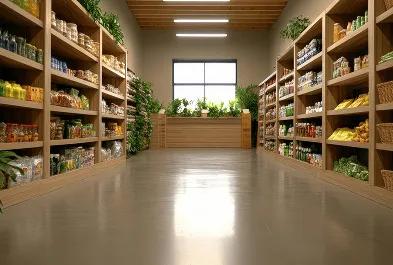 A warmly lit natural-food shop with wooden shelves